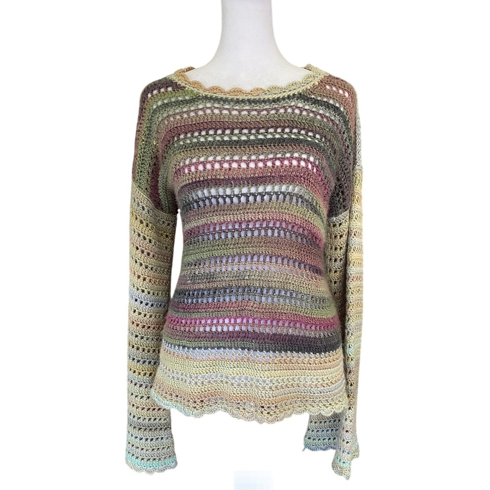 Handmade Crochet Striped Sweater Earthy Boho Bell Sleeve Open Knit Top Medium